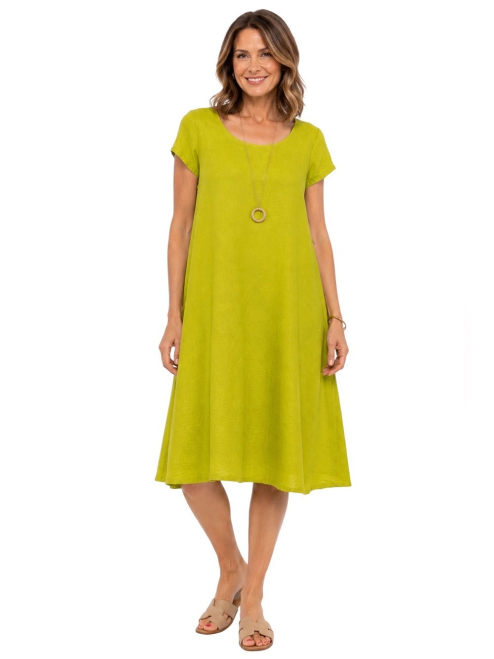 Bryn Walker Linen Swing Dress Lagenlook Chartreuse Green Yellow Size S